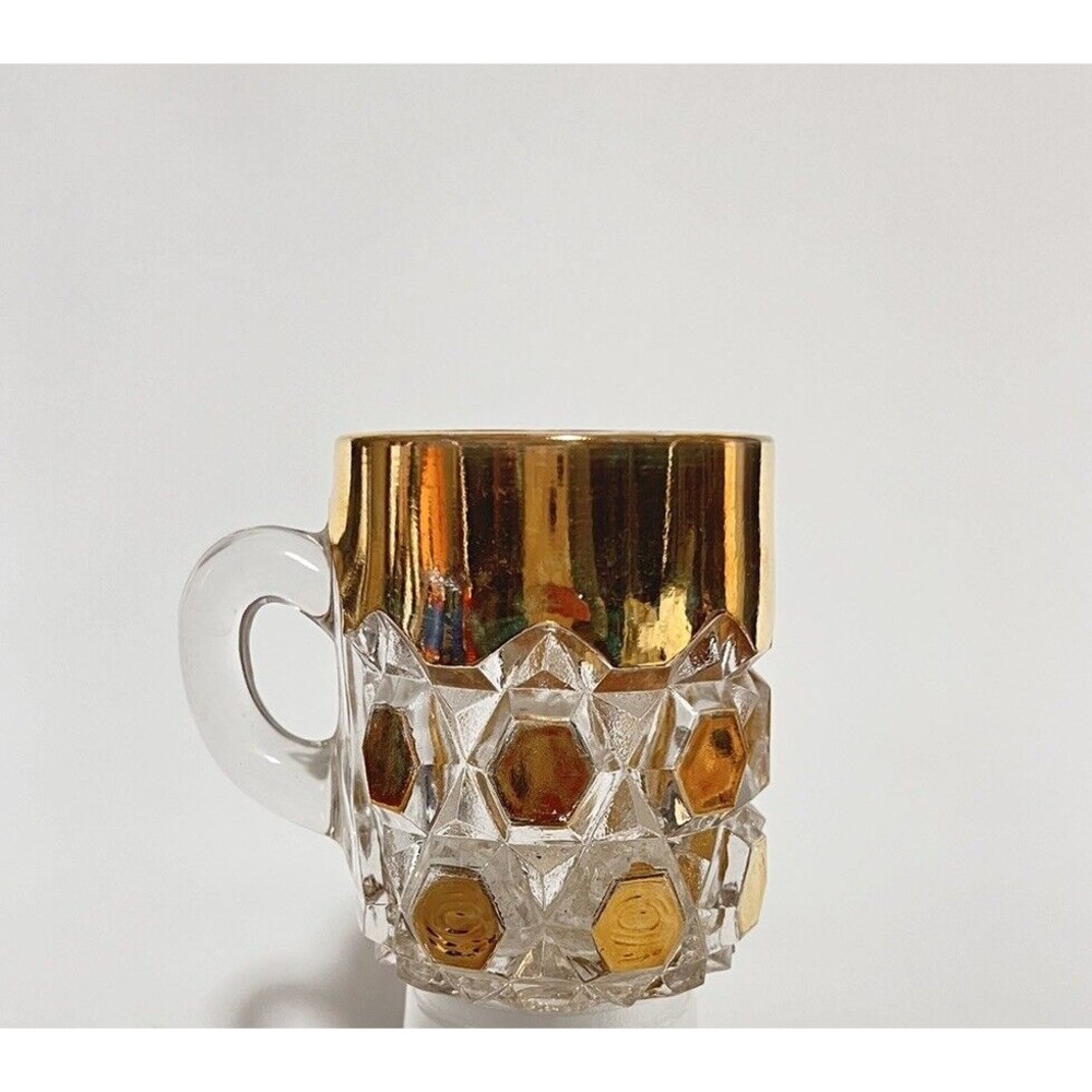 Vintage Glass Mug Cup Gold Leaf Clear Fancy Small 3" Hexagon Bevel Art Deco - Picture 2 of 7